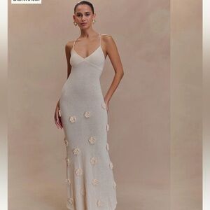Meshki Cream Maxi Dress with 3D Floral Appliqués